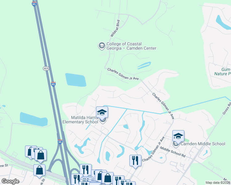 map of restaurants, bars, coffee shops, grocery stores, and more near 105 Cypress Bend in Kingsland