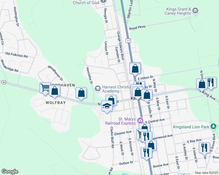 map of restaurants, bars, coffee shops, grocery stores, and more near 200 North West Street in Kingsland