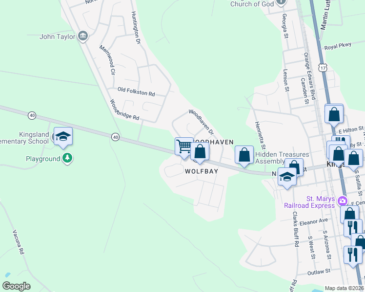 map of restaurants, bars, coffee shops, grocery stores, and more near 184 Woodhaven Court in Kingsland