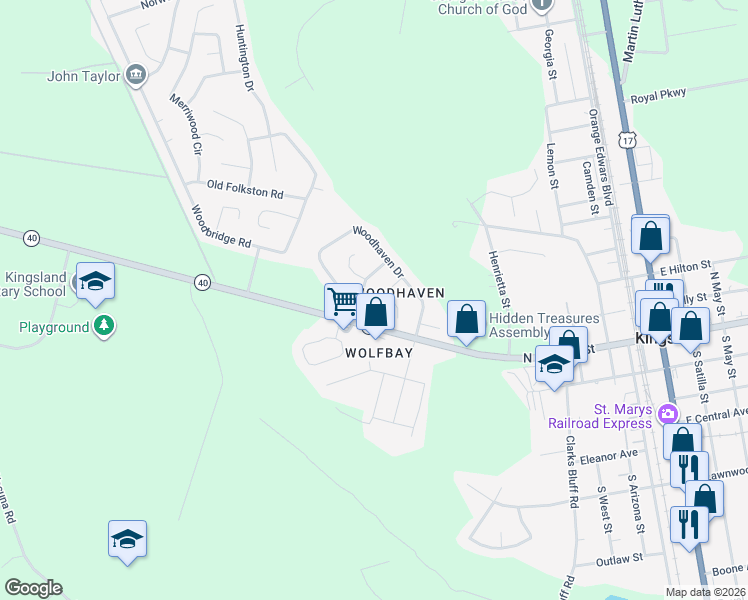 map of restaurants, bars, coffee shops, grocery stores, and more near 104 Woodhaven Court in Kingsland