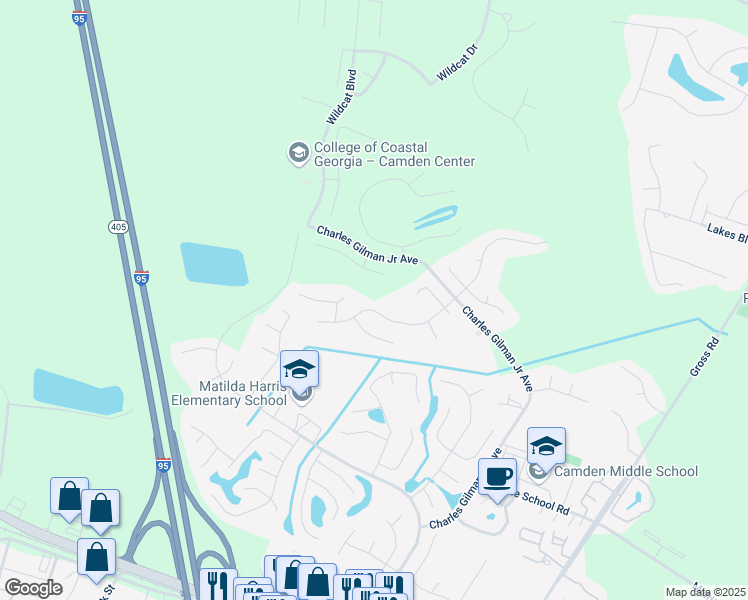 map of restaurants, bars, coffee shops, grocery stores, and more near 220 Lake Forest Drive in Kingsland