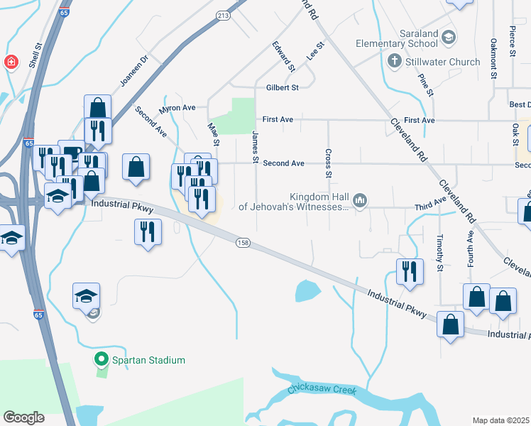 map of restaurants, bars, coffee shops, grocery stores, and more near 919 James Street in Saraland