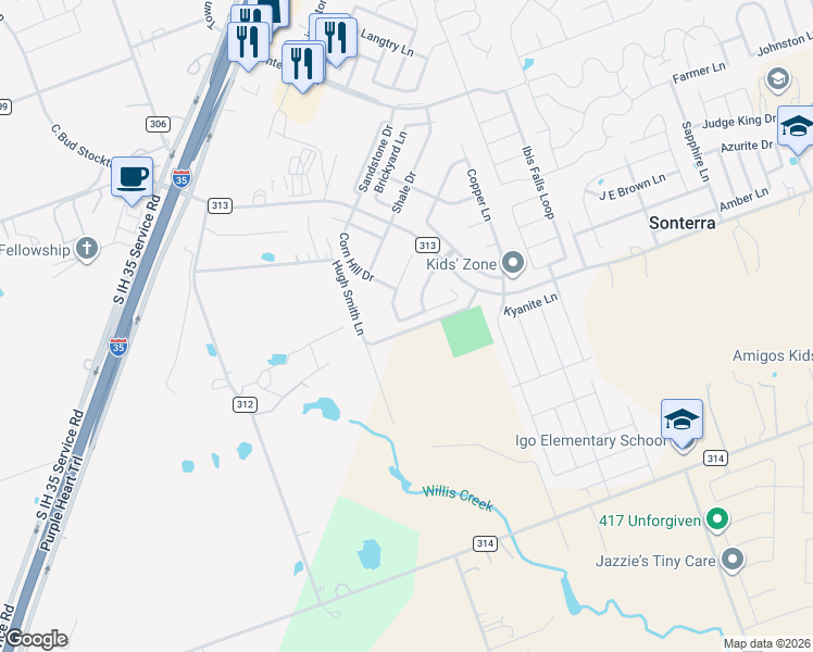 map of restaurants, bars, coffee shops, grocery stores, and more near 558 County Road 313 in Jarrell