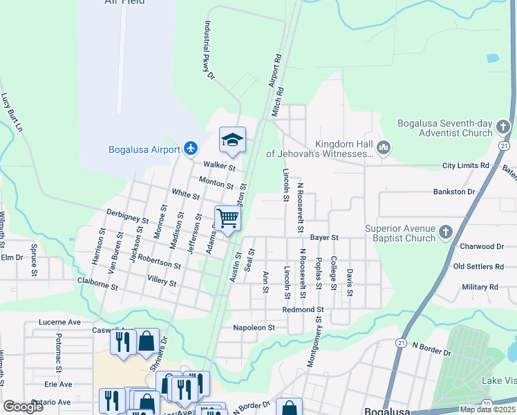 map of restaurants, bars, coffee shops, grocery stores, and more near 123 Central Drive in Bogalusa