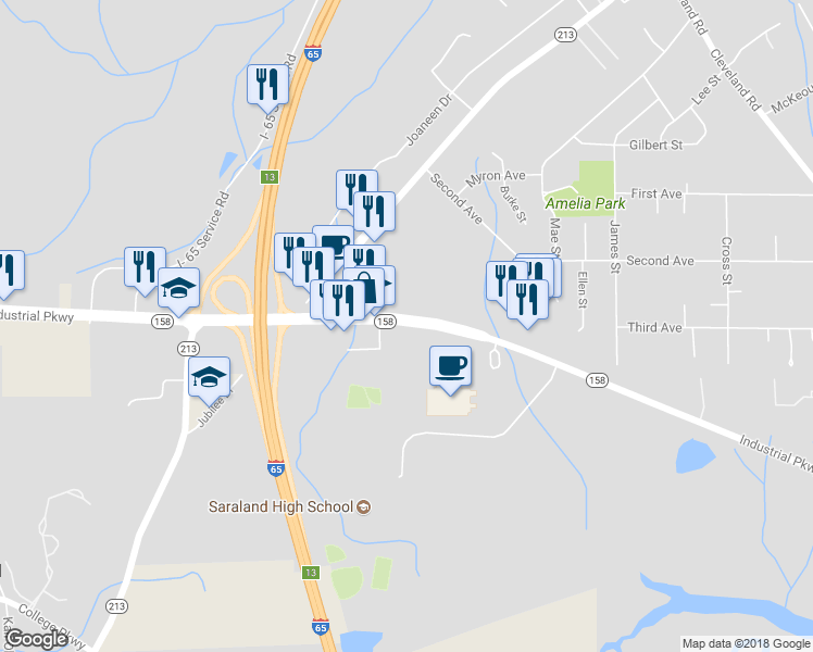 map of restaurants, bars, coffee shops, grocery stores, and more near 1091 Industrial Parkway in Saraland
