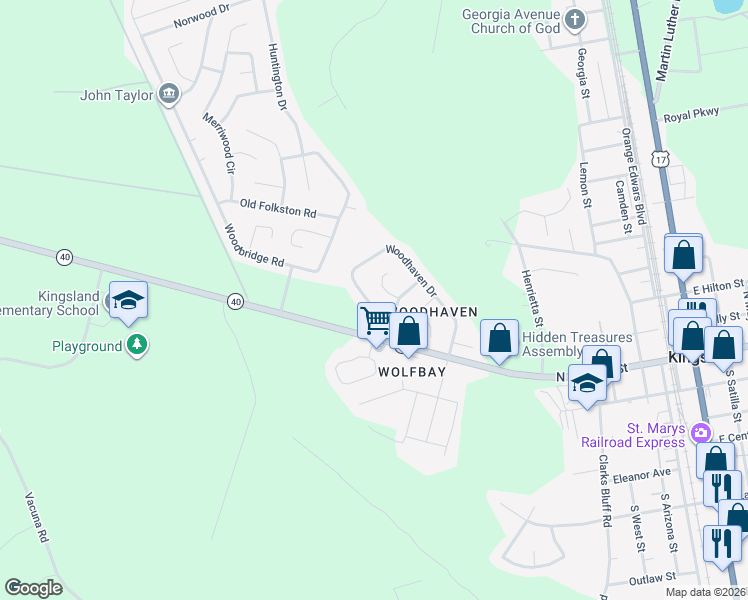 map of restaurants, bars, coffee shops, grocery stores, and more near 103 Oak Court in Kingsland