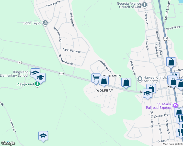 map of restaurants, bars, coffee shops, grocery stores, and more near 172 Woodhaven Drive in Kingsland
