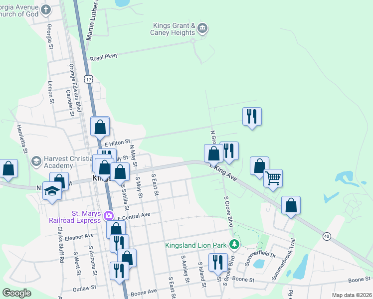 map of restaurants, bars, coffee shops, grocery stores, and more near 715 E King Ave in Kingsland