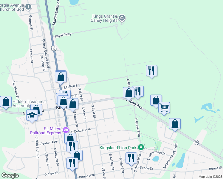 map of restaurants, bars, coffee shops, grocery stores, and more near 715 East King Avenue in Kingsland
