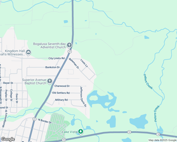 map of restaurants, bars, coffee shops, grocery stores, and more near 1712 Louis Lane in Bogalusa