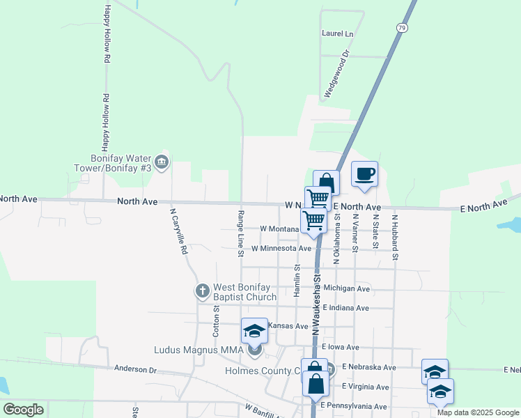 map of restaurants, bars, coffee shops, grocery stores, and more near 308 East North Avenue in Bonifay
