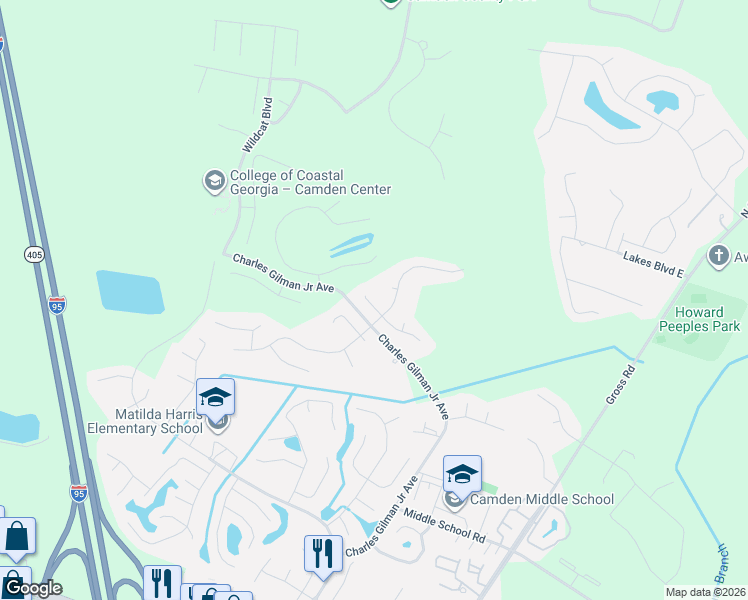 map of restaurants, bars, coffee shops, grocery stores, and more near 106 Acacia Drive in Kingsland