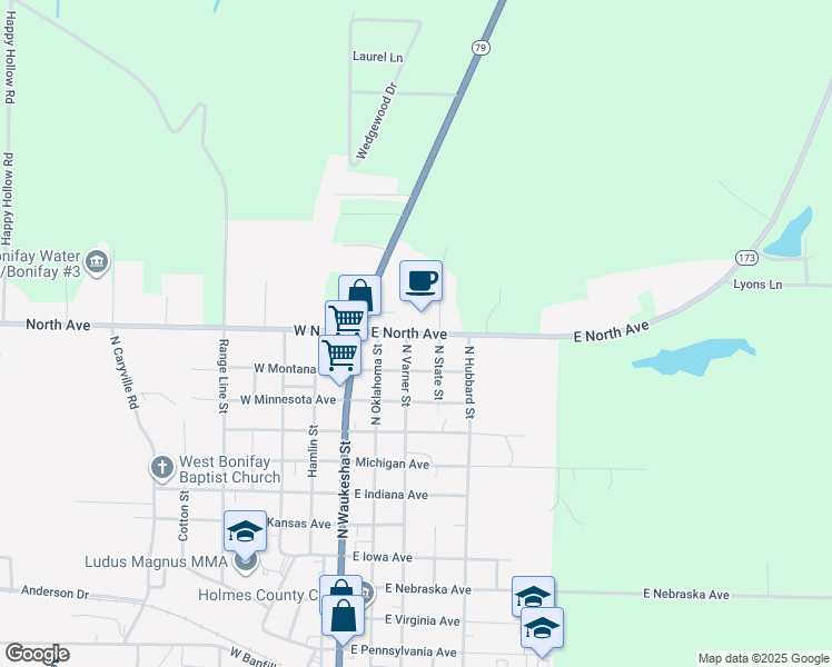 map of restaurants, bars, coffee shops, grocery stores, and more near 308 East North Avenue in Bonifay