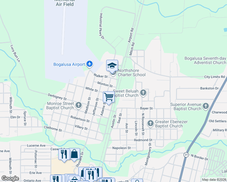 map of restaurants, bars, coffee shops, grocery stores, and more near 1717 Washington Street in Bogalusa
