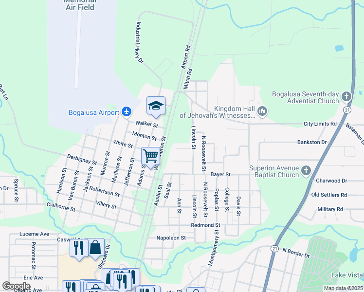 map of restaurants, bars, coffee shops, grocery stores, and more near 123 Central Drive in Bogalusa