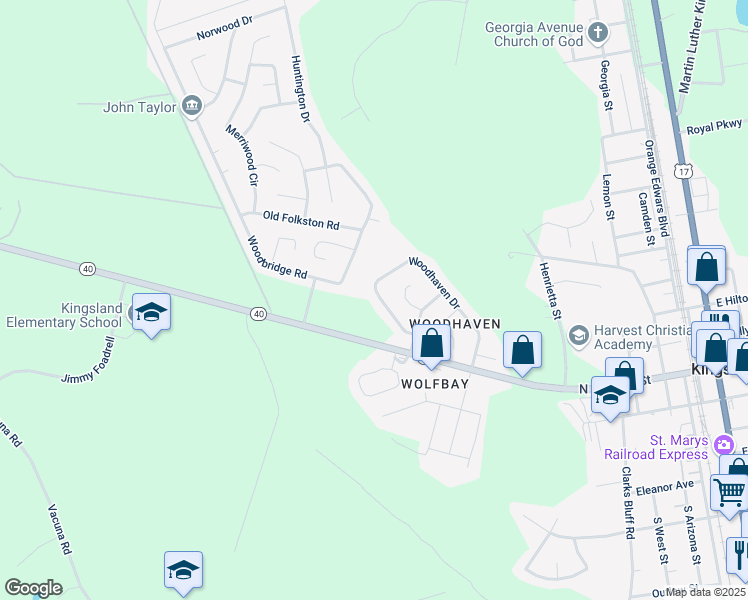 map of restaurants, bars, coffee shops, grocery stores, and more near 172 Woodhaven Drive in Kingsland