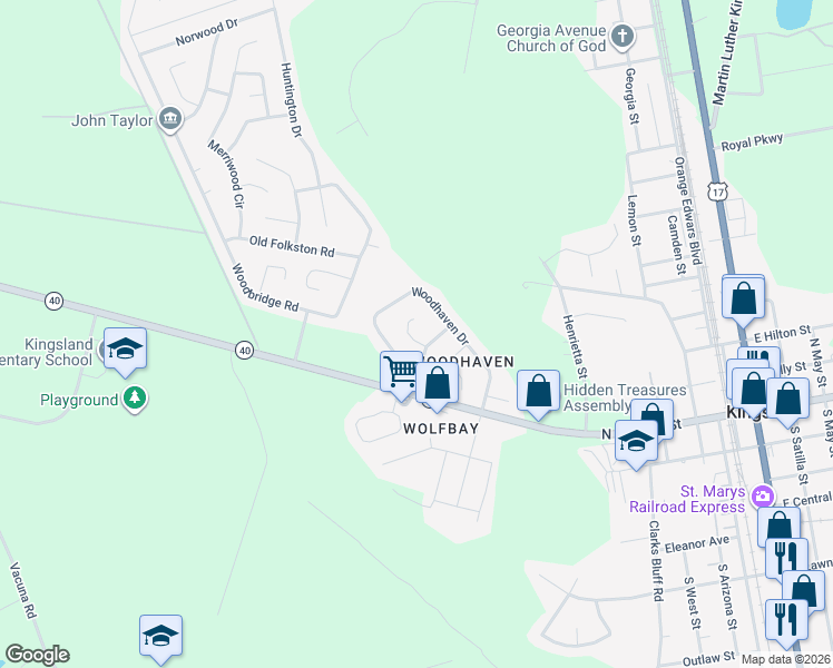 map of restaurants, bars, coffee shops, grocery stores, and more near 103 Oak Court in Kingsland