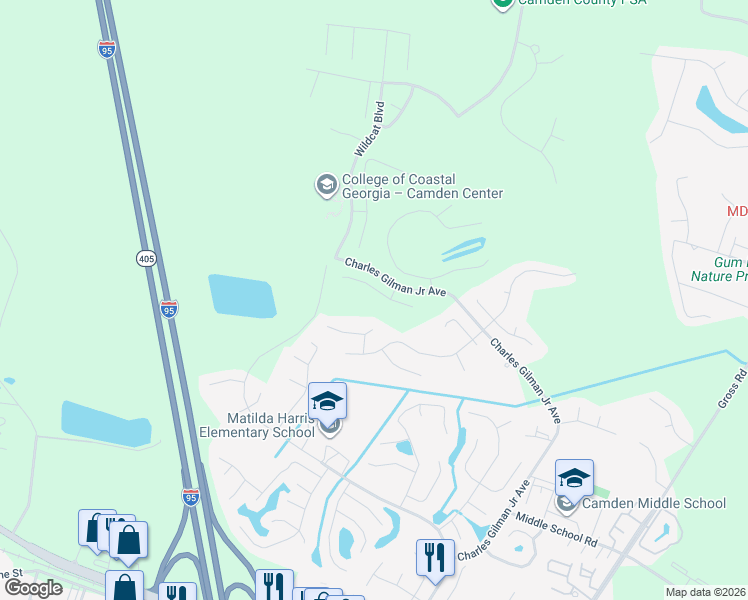 map of restaurants, bars, coffee shops, grocery stores, and more near 102 Yellowood Drive in Kingsland
