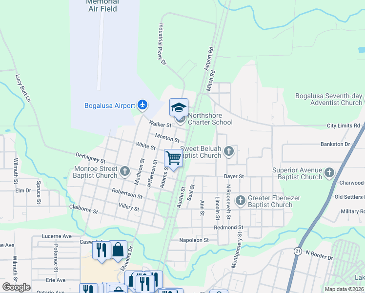 map of restaurants, bars, coffee shops, grocery stores, and more near 1717 Washington Street in Bogalusa