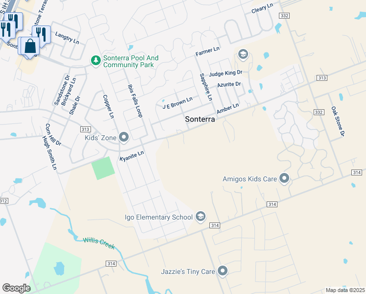 map of restaurants, bars, coffee shops, grocery stores, and more near 1250 County Road 313 in Jarrell