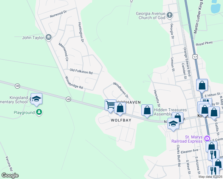 map of restaurants, bars, coffee shops, grocery stores, and more near 103 Oak Court in Kingsland