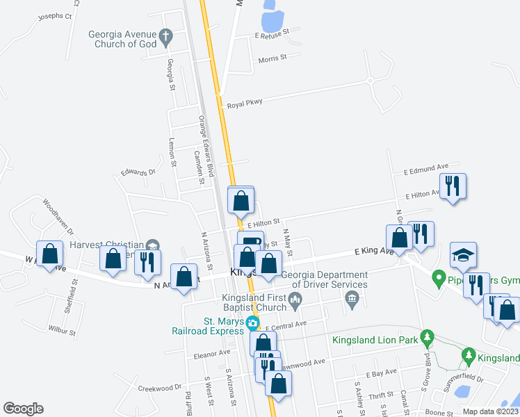 map of restaurants, bars, coffee shops, grocery stores, and more near 319 North Satilla Street in Kingsland