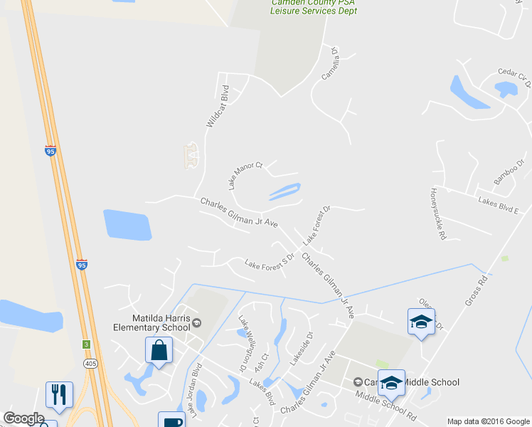map of restaurants, bars, coffee shops, grocery stores, and more near 101 Lake Forest South Court in Kingsland