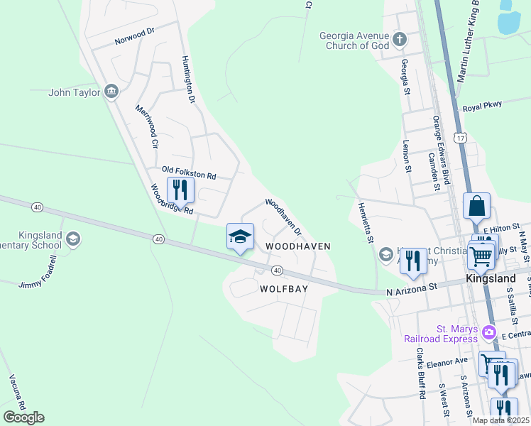 map of restaurants, bars, coffee shops, grocery stores, and more near 150 Woodhaven Drive in Kingsland