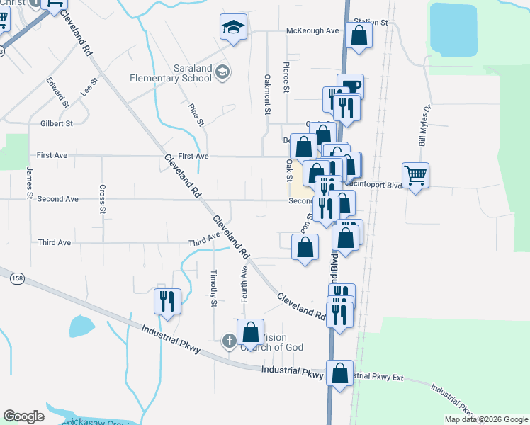 map of restaurants, bars, coffee shops, grocery stores, and more near 119 2nd Avenue in Saraland