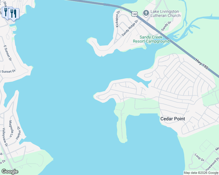 map of restaurants, bars, coffee shops, grocery stores, and more near 404 Dove Island in Livingston