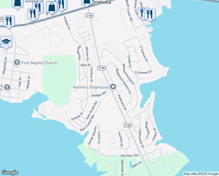 map of restaurants, bars, coffee shops, grocery stores, and more near 899 Farm to Market Road 3186 in Onalaska