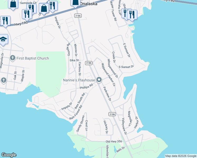 map of restaurants, bars, coffee shops, grocery stores, and more near 899 Farm to Market Road 3186 in Onalaska