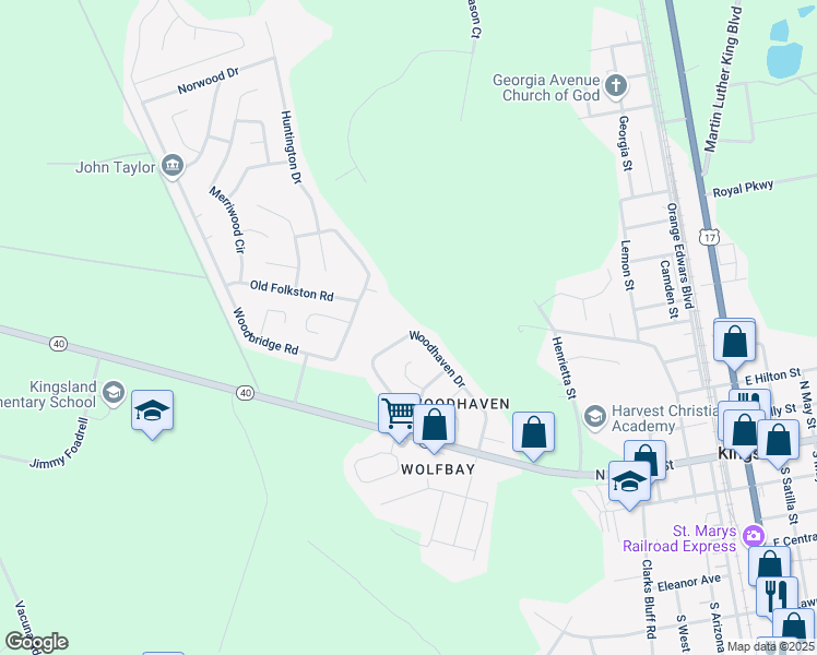 map of restaurants, bars, coffee shops, grocery stores, and more near 150 Woodhaven Drive in Kingsland