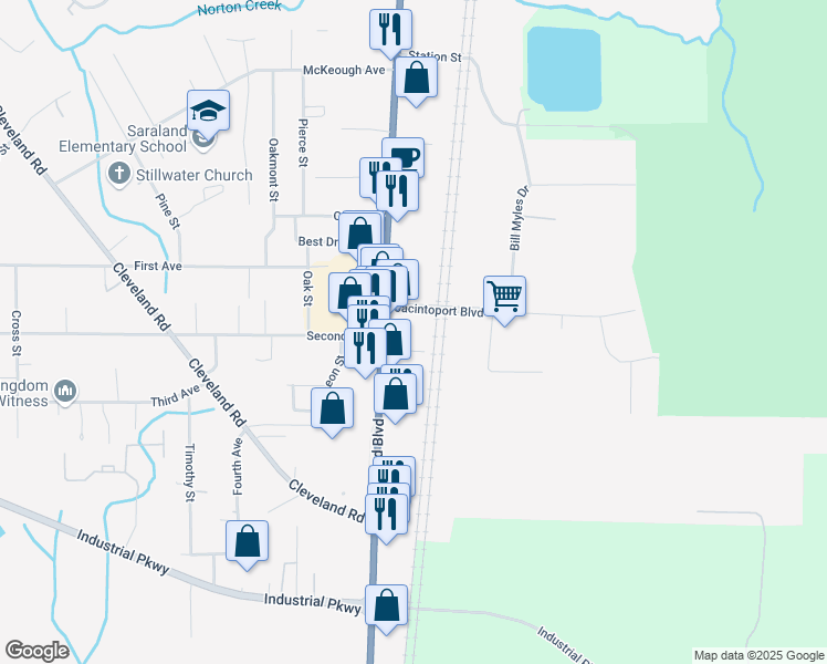 map of restaurants, bars, coffee shops, grocery stores, and more near 804 Saraland Boulevard South in Saraland
