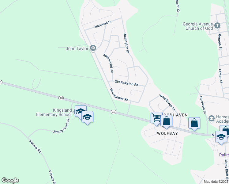 map of restaurants, bars, coffee shops, grocery stores, and more near 145 Woodbridge Road in Kingsland