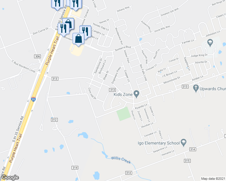 map of restaurants, bars, coffee shops, grocery stores, and more near 558 County Road 313 in Jarrell