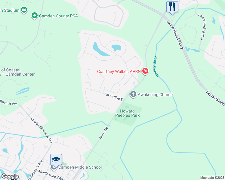 map of restaurants, bars, coffee shops, grocery stores, and more near 107 Almond Circle in Kingsland