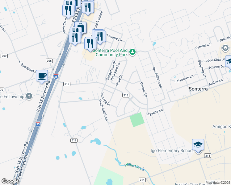 map of restaurants, bars, coffee shops, grocery stores, and more near 401 Shale Drive in Jarrell