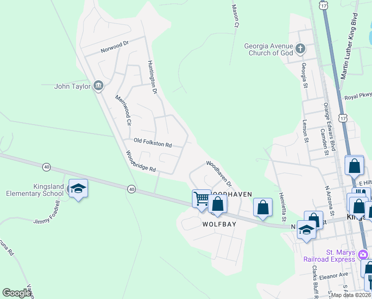 map of restaurants, bars, coffee shops, grocery stores, and more near 124 Woodbridge Road in Kingsland