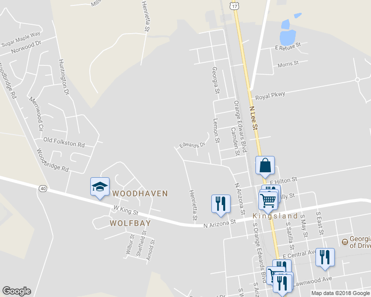 map of restaurants, bars, coffee shops, grocery stores, and more near 104 Edwards Drive in Kingsland