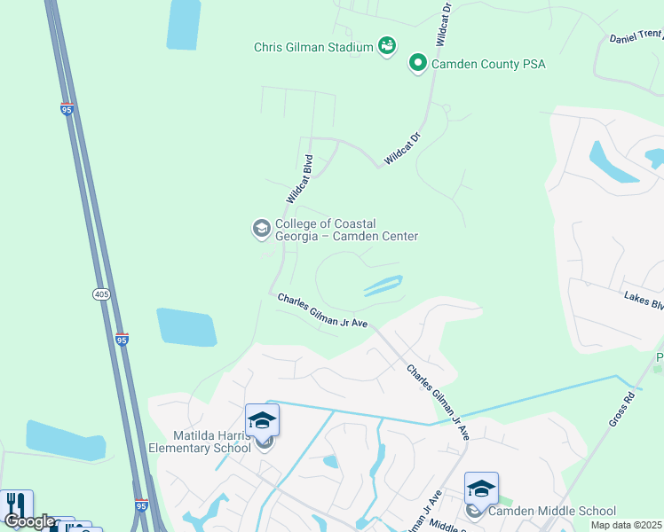 map of restaurants, bars, coffee shops, grocery stores, and more near 119 Lake Manor Drive in Kingsland
