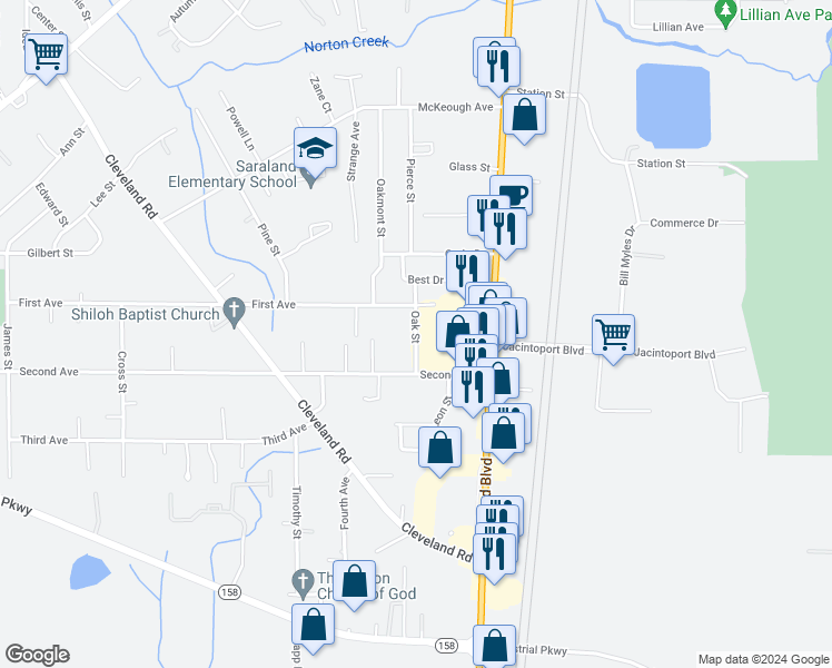map of restaurants, bars, coffee shops, grocery stores, and more near Oak Street in Saraland