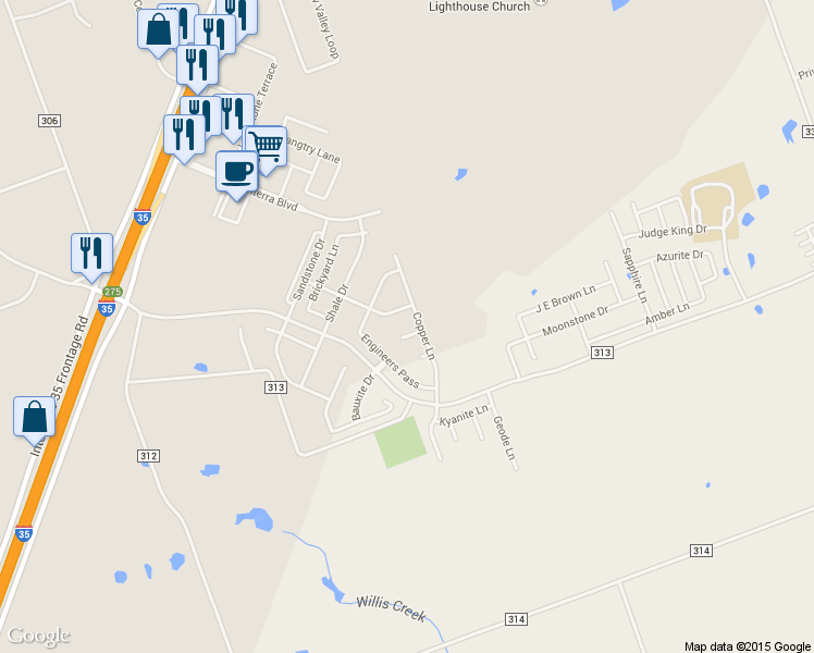 map of restaurants, bars, coffee shops, grocery stores, and more near 108 Bronze Cove in Jarrell