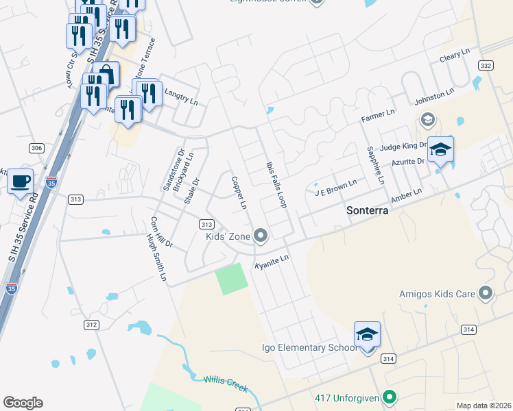 map of restaurants, bars, coffee shops, grocery stores, and more near 1113 Ibis Falls Loop in Jarrell