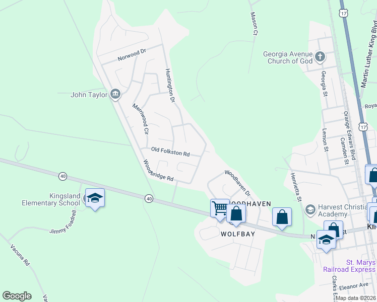 map of restaurants, bars, coffee shops, grocery stores, and more near 106 Old Folkston Road in Kingsland
