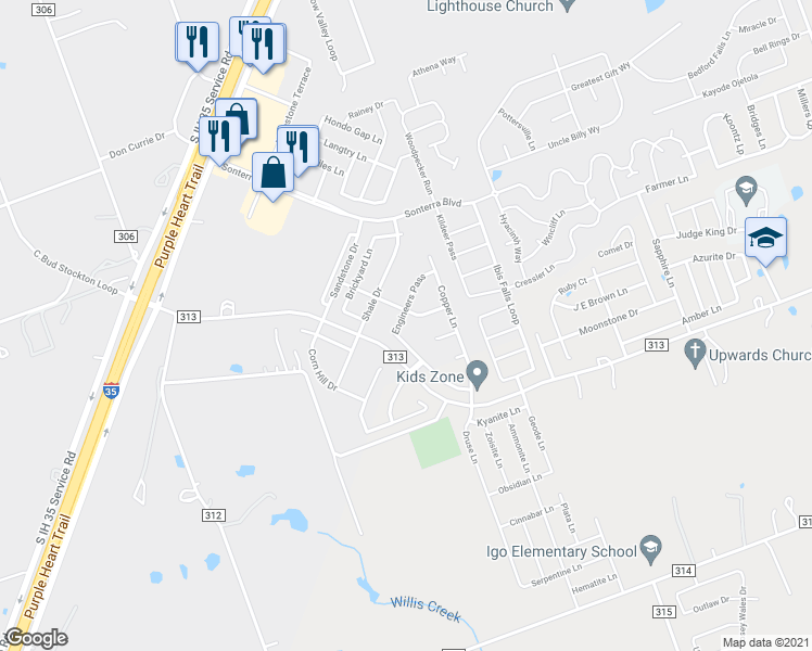 map of restaurants, bars, coffee shops, grocery stores, and more near 250 Engineers Pass in Jarrell