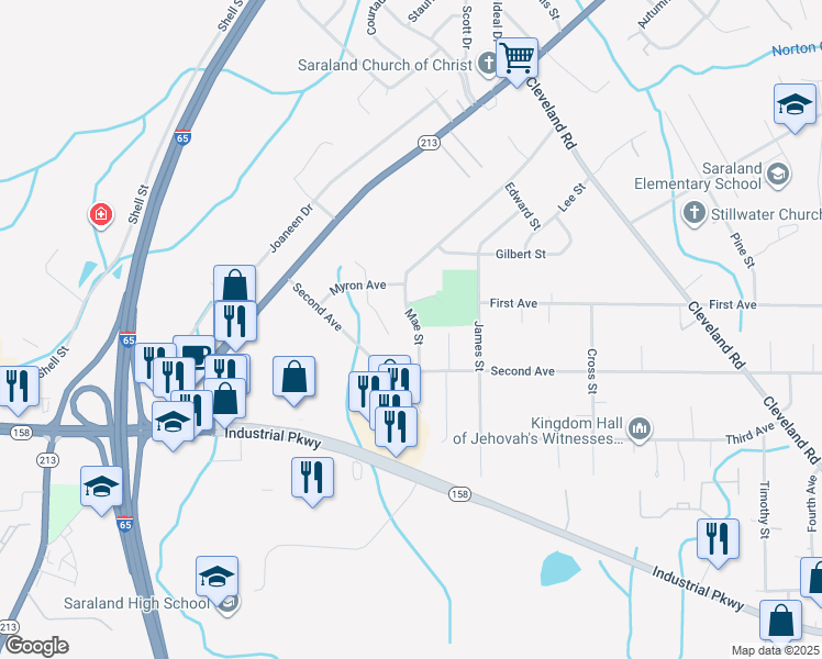 map of restaurants, bars, coffee shops, grocery stores, and more near 719 Mae Street in Saraland