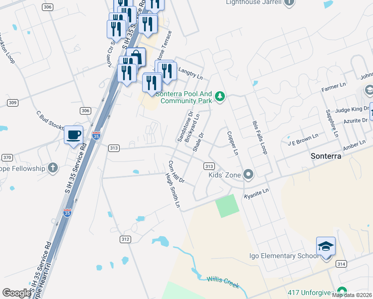 map of restaurants, bars, coffee shops, grocery stores, and more near 401 Shale Drive in Jarrell