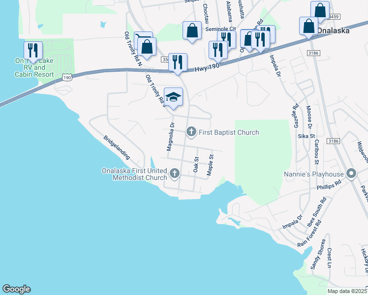map of restaurants, bars, coffee shops, grocery stores, and more near 535 South Farm to Market Road 356 in Onalaska