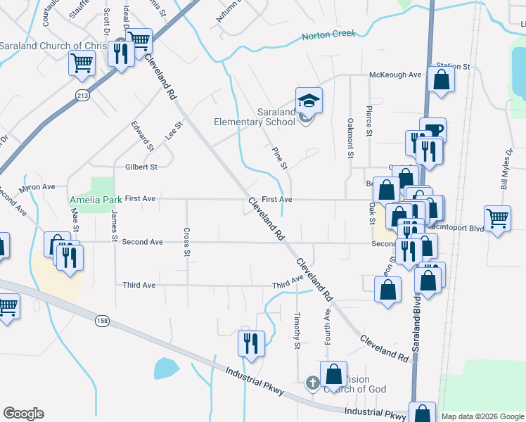 map of restaurants, bars, coffee shops, grocery stores, and more near 725-799 Cleveland Road in Saraland